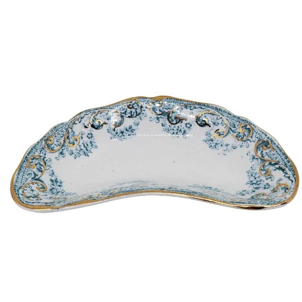 Knowles Taylor Alpha Crescent Bone Dish Gold Trim Semi-Vitreous Floral USA KTK
